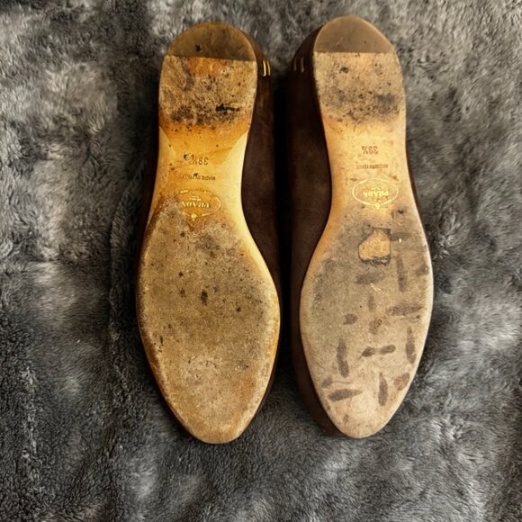 Authenticated Prada Peep Toe Ballet Flats Brown & Gold Size 39.5 / US 9.5 - Picture 11 of 16